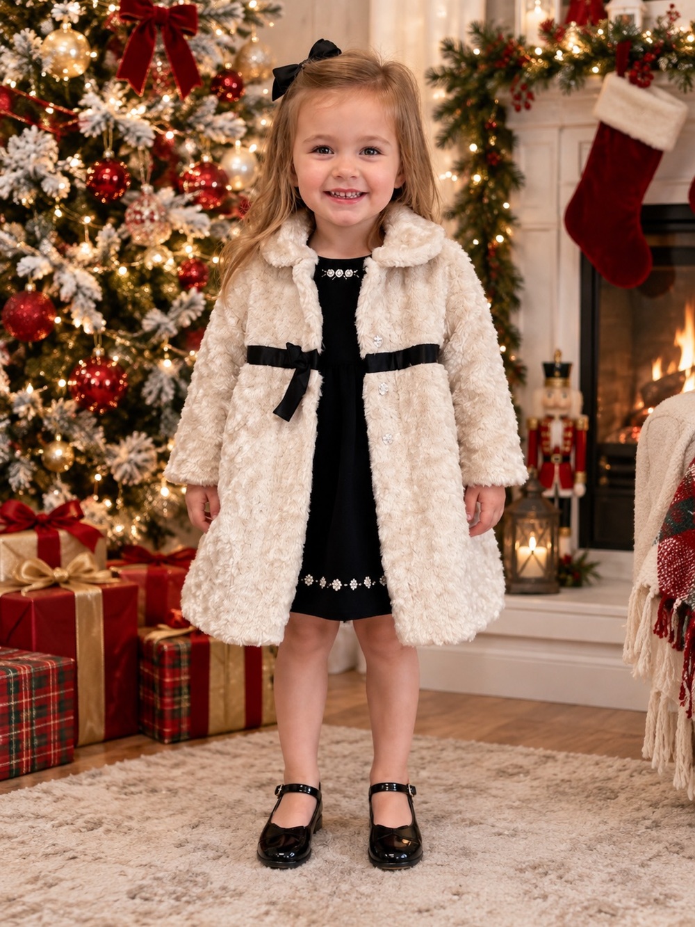 Blueberi Boulevard Size 3T Kids Faux Fur Girls Coat and Black Dress Matching Set